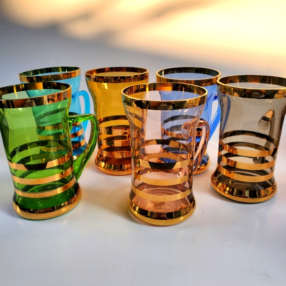 6 Colored Glass Mug Glasses with Gold Bands Made in Romania - Picture 1 of 7